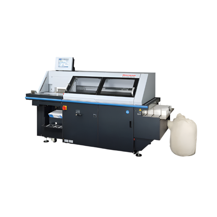 Horizon BQ-270V single-clamp perfect binder with touchscreen interface, automated setup, and attached dust collection bag