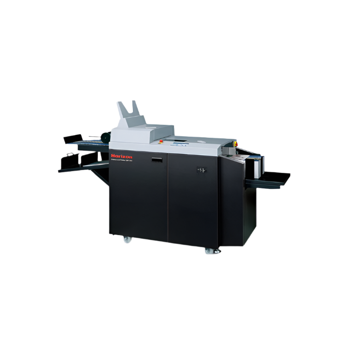 Horizon CRF-362 automated creaser and folder with black and silver cabinet, featuring infeed tray and adjustable outfeed stackers.
