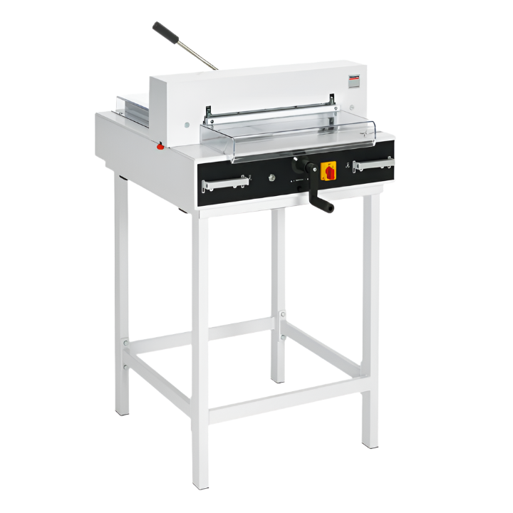 MBM Triumph 4315 semi-automatic paper cutter with safety shield and stand-mounted cutting lever