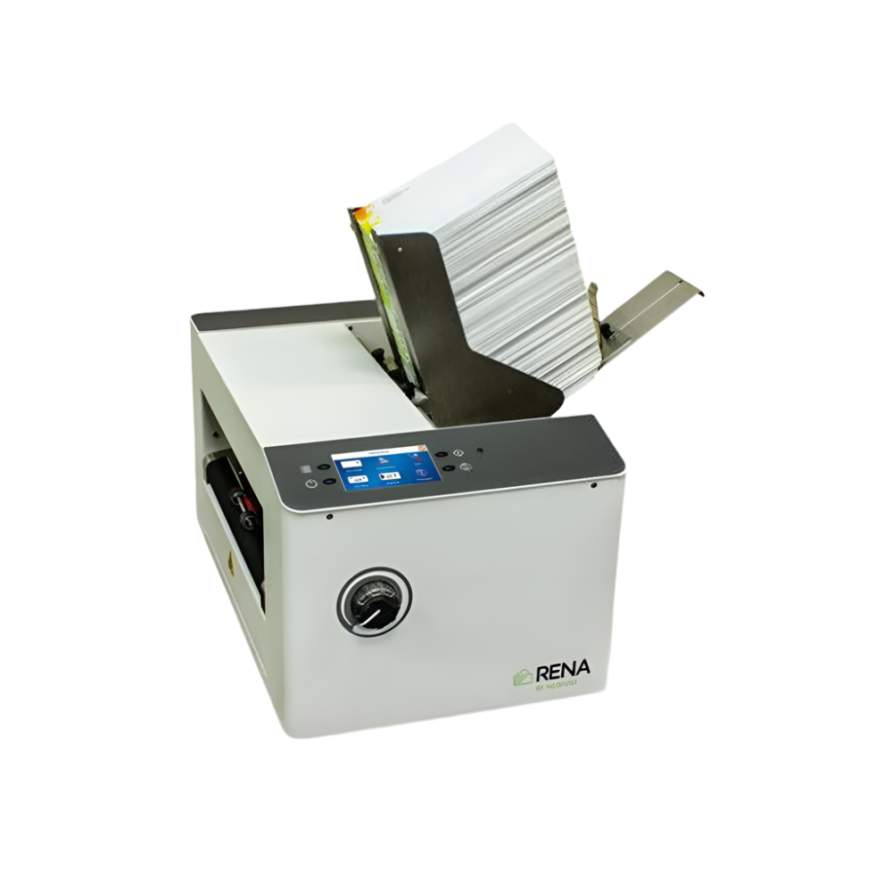 RENA AS-450 Monochrome Address Printer featuring compact design, top-load paper feeder, and digital control pane