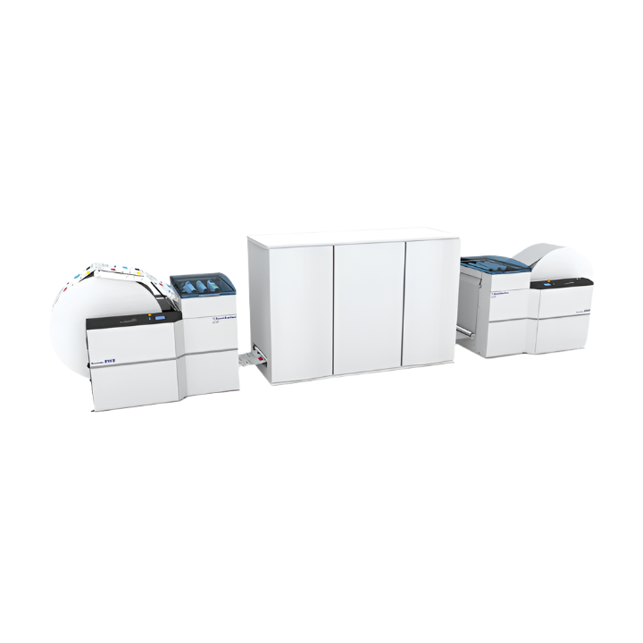 UW8 Paper Roll Unwinder and RW8 Rewinder – continuous feed paper handling system with white modular units, including input roll stand, central unwinder, and output rewinder.