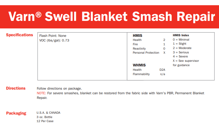 Varn Swell Blanket Smash Repair product specifications chart with VOC data, HMIS safety ratings, usage directions, and packaging details