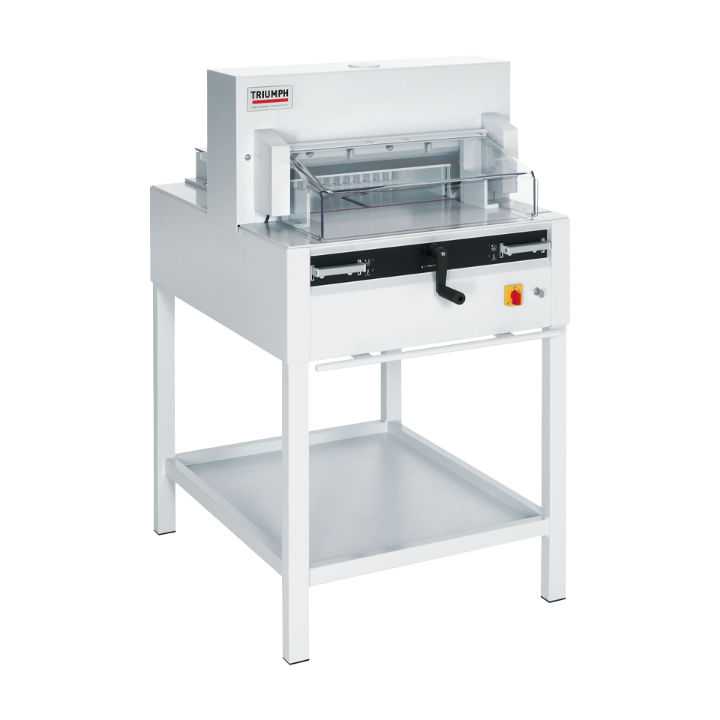 MBM Triumph 4850 automatic 18-5/8" paper cutter with safety guard, crank-operated back gauge, and stand-mounted frame.
