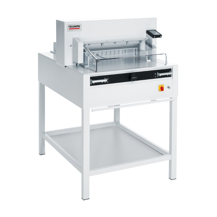 MBM Triumph 5255 programmable 20-3/8" paper cutter with clear safety guard, digital controls, and stand-mounted design.