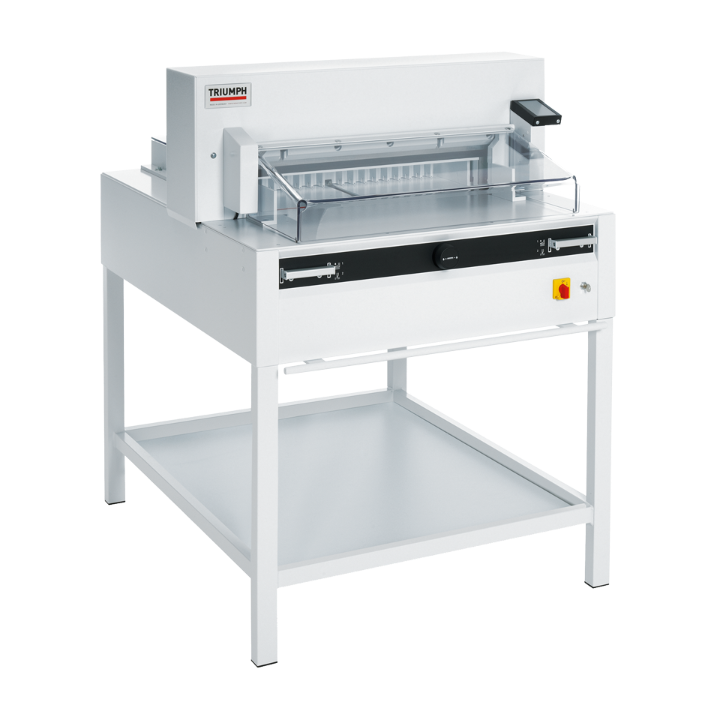 MBM Triumph 6655 programmable 25.5" paper cutter with digital display, transparent safety guard, spindle clamp, and precision back gauge.