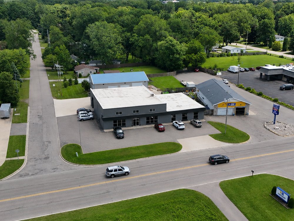 Aerial view of the Mid-State Litho building, showroom and warehouse on Fenton Road in Grand Blanc, Michigan
